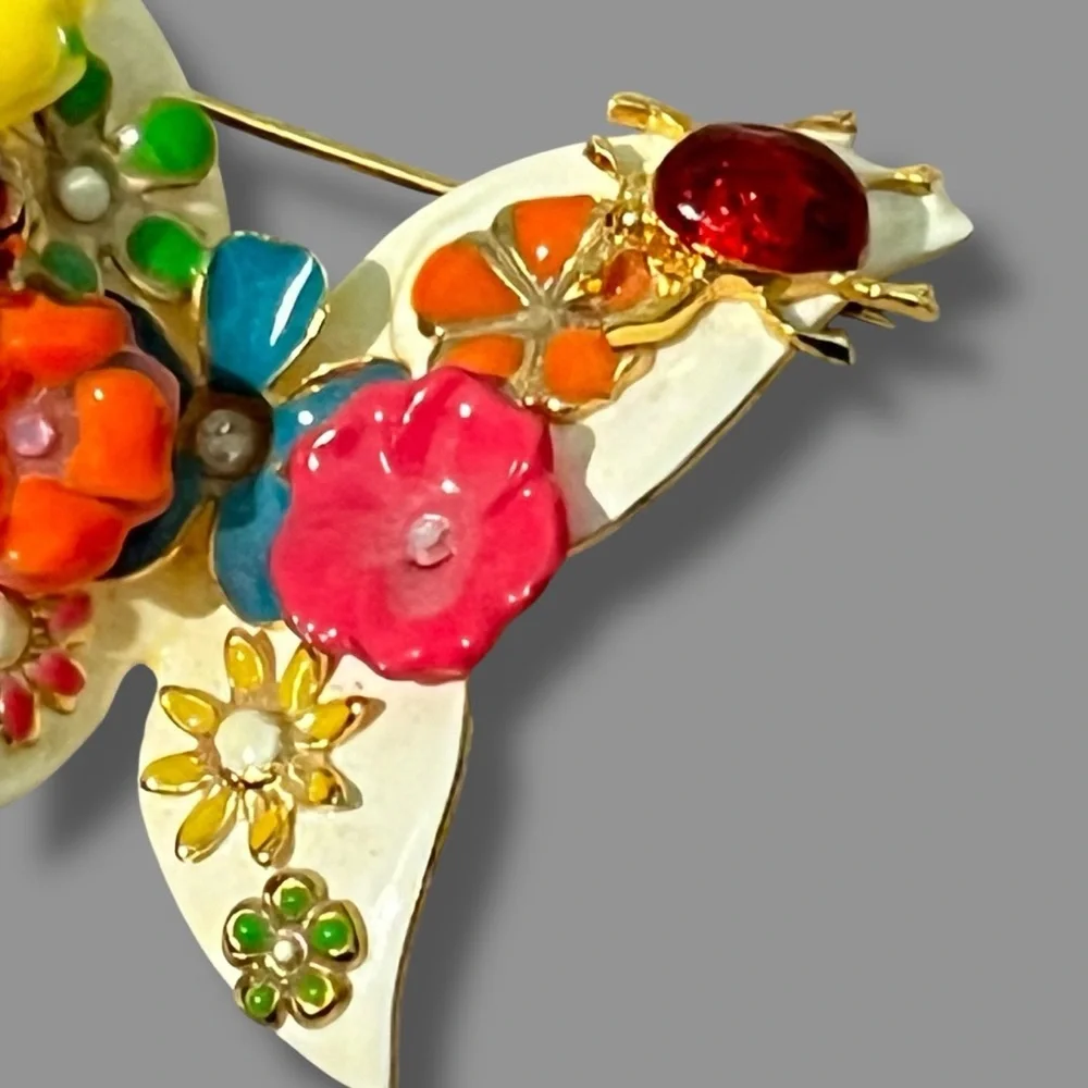 Vintage Butterfly Pin Brooch Enamel Colorful Flowers Ladybugs 2